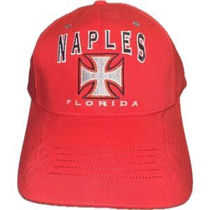 Naples Florida Iron Cross Red Cap‎ Hat Adjustable Strap One Size Fits Most